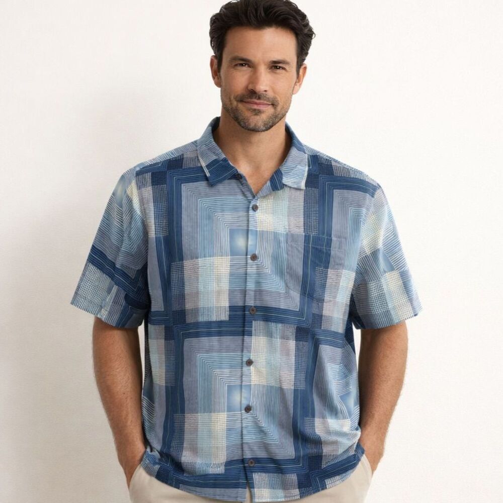 Tommy Bahama 100% Silk Shirt Mens Sz XL Blue Geometric Short Sleeve Button Up